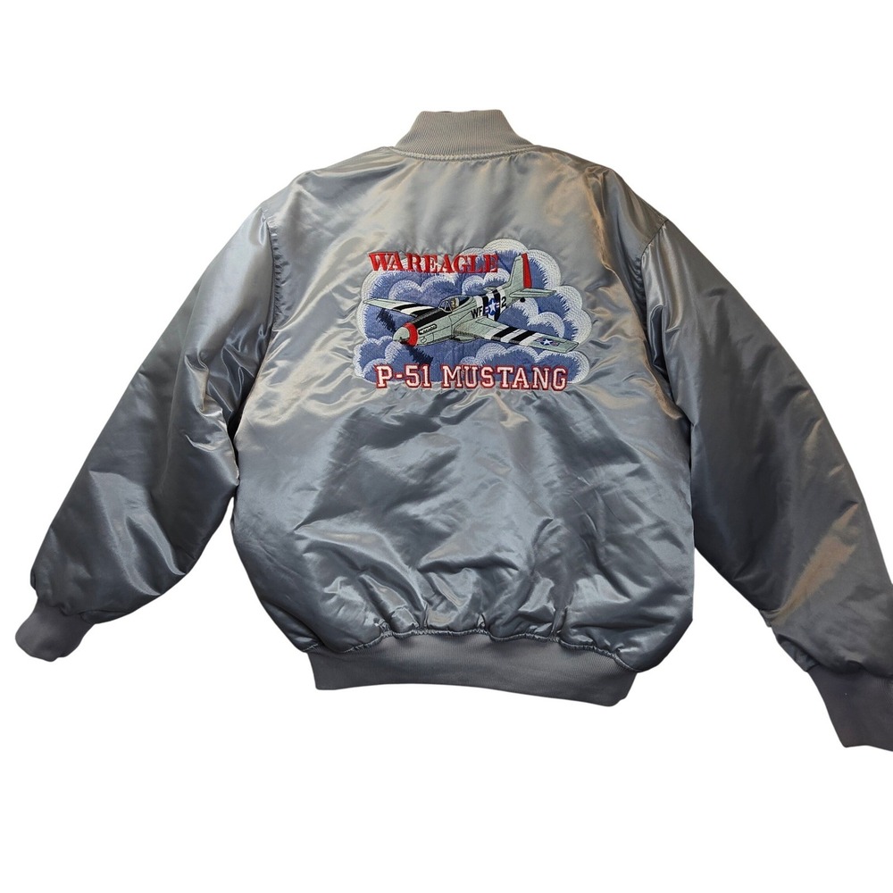 Vintage Quilted Flight Bomber Jacket XL War Eagle Mustang Plane Game Satin Mens